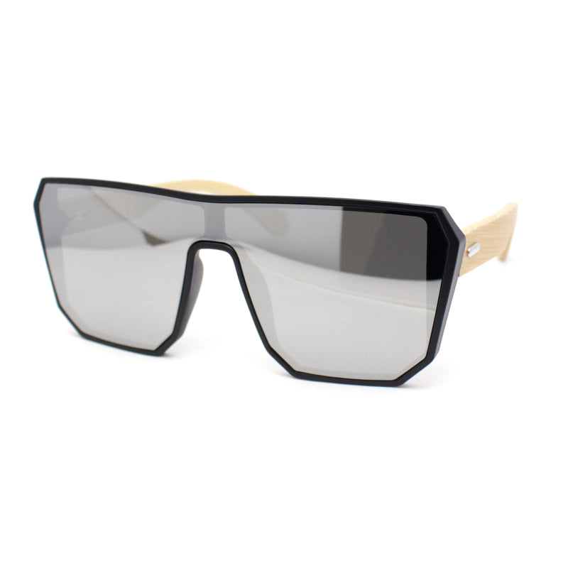 Geometric Large Shield Mirror Lens Bamboo Wood Arm Retro Sunglasses