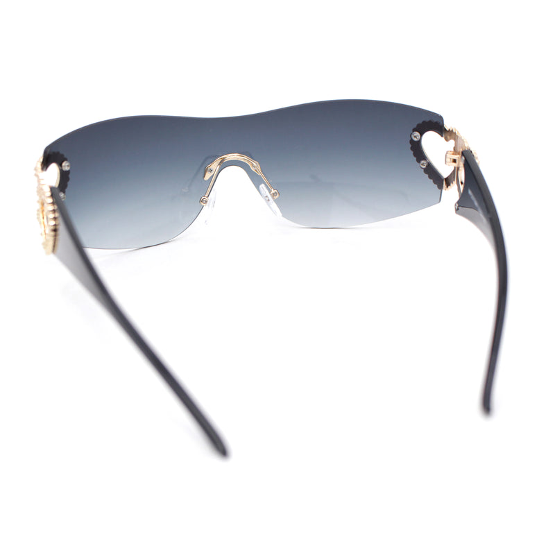 Womens Heart Jewel Wrap Around Curved Shield Monoblock Rimless Sunglasses