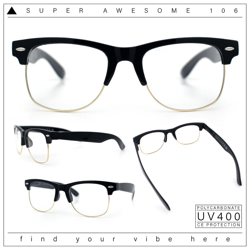 Mens Hipster Half Horn Rim Clear Lens Geek Fashion Eyeglasses Black Gold - Clear