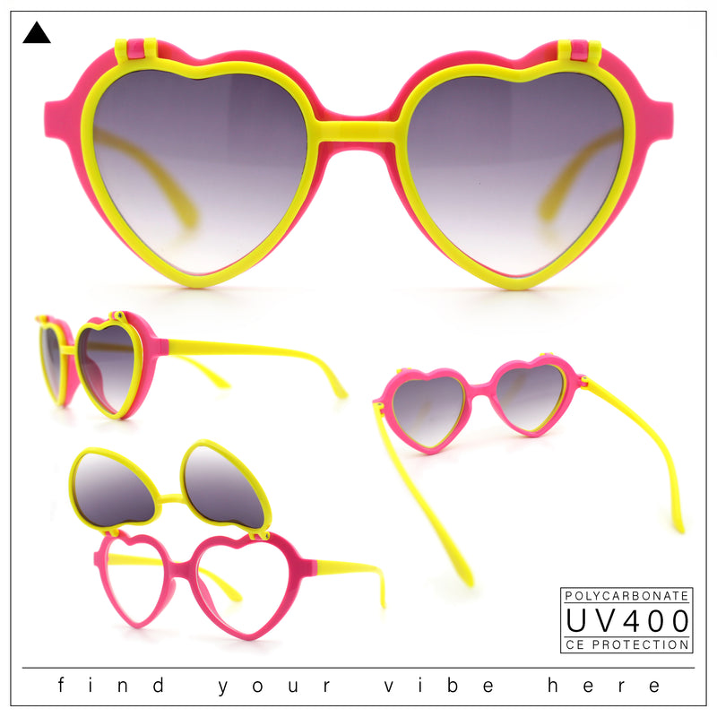 Girls Kids Size Pop Color Flip Up Heart Shape Plastic Sunglasses