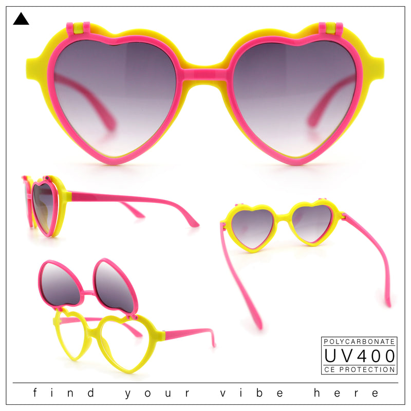 Girls Kids Size Pop Color Flip Up Heart Shape Plastic Sunglasses