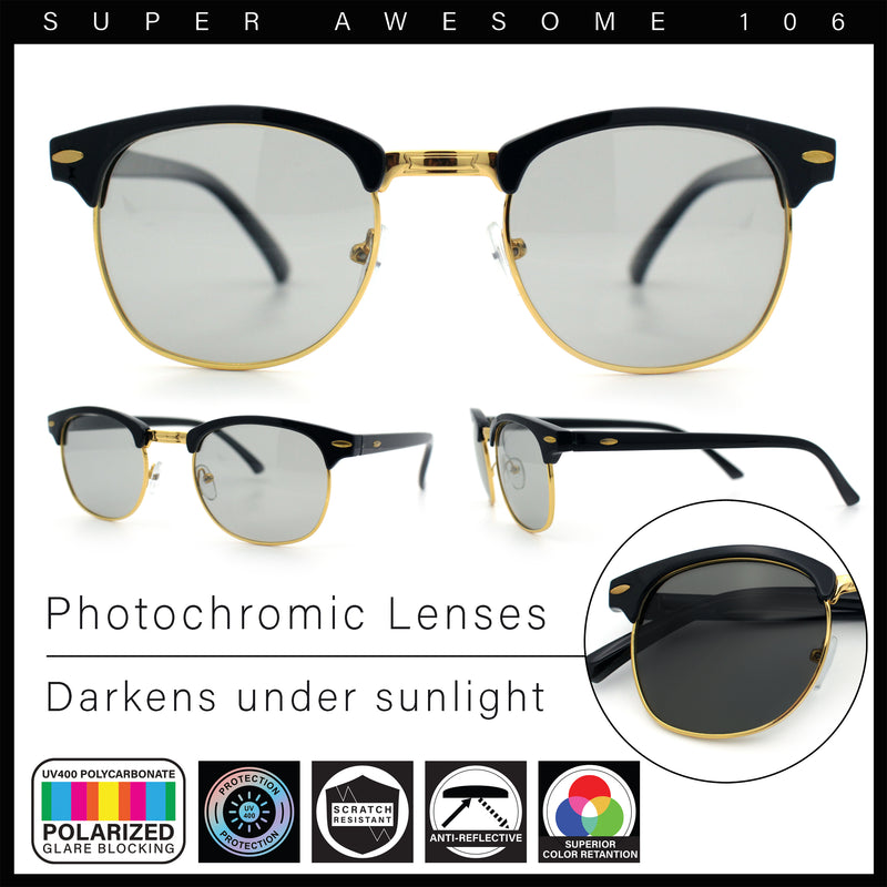 Polarized Photochromic Light Grey Lens Mens Iconic Half Rim Hipster Sunglasses