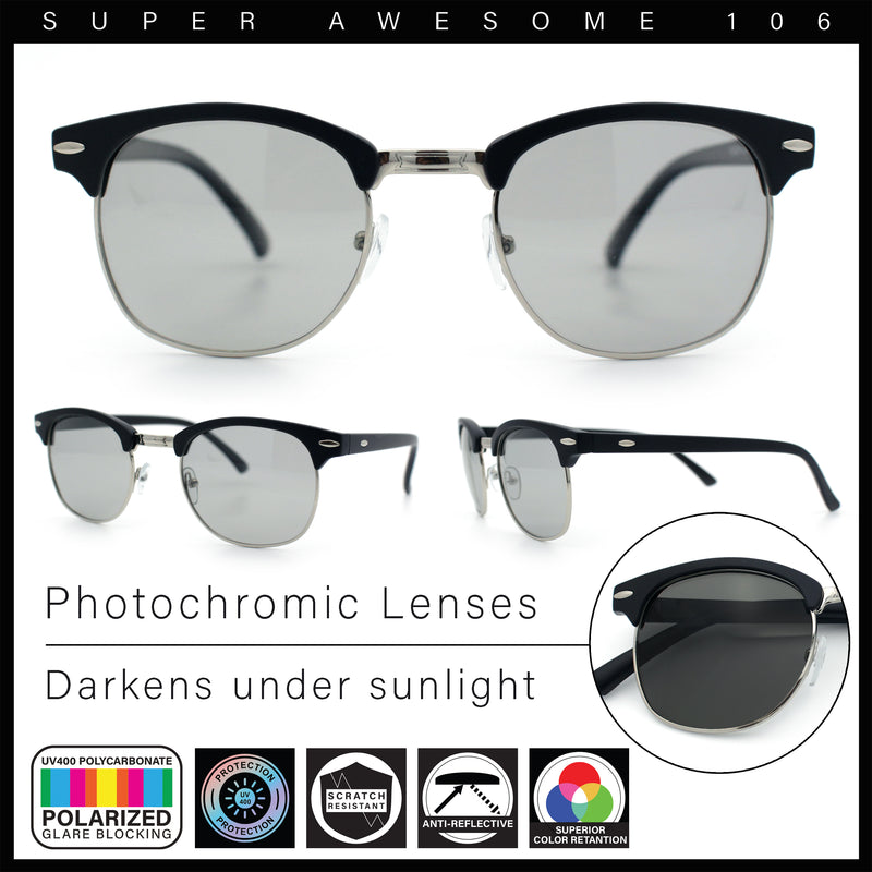 Polarized Photochromic Light Grey Lens Mens Iconic Half Rim Hipster Sunglasses