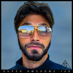 Mens Rectangle Double Bridge Half Rim Wood Grain Arm Mob Sunglasses