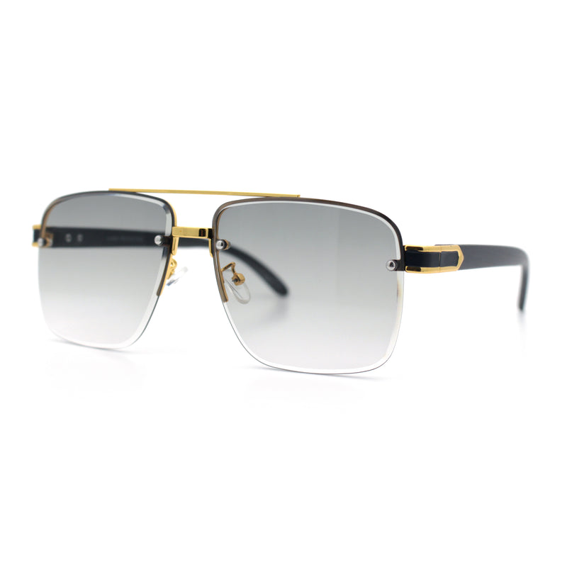 Mens Rectangle Double Bridge Half Rim Wood Grain Arm Mob Sunglasses