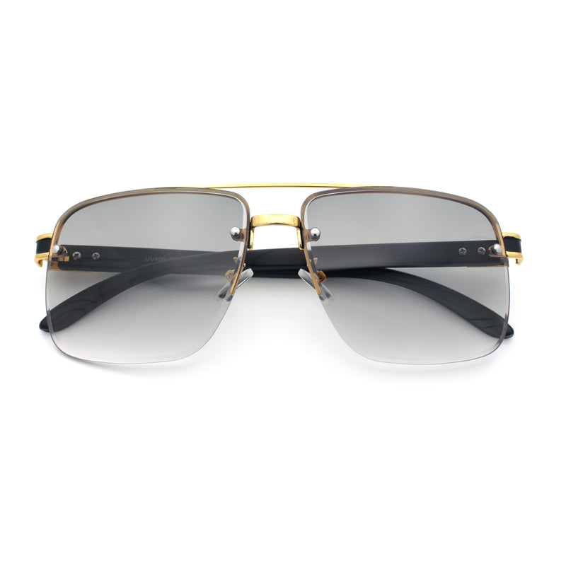 Mens Rectangle Double Bridge Half Rim Wood Grain Arm Mob Sunglasses