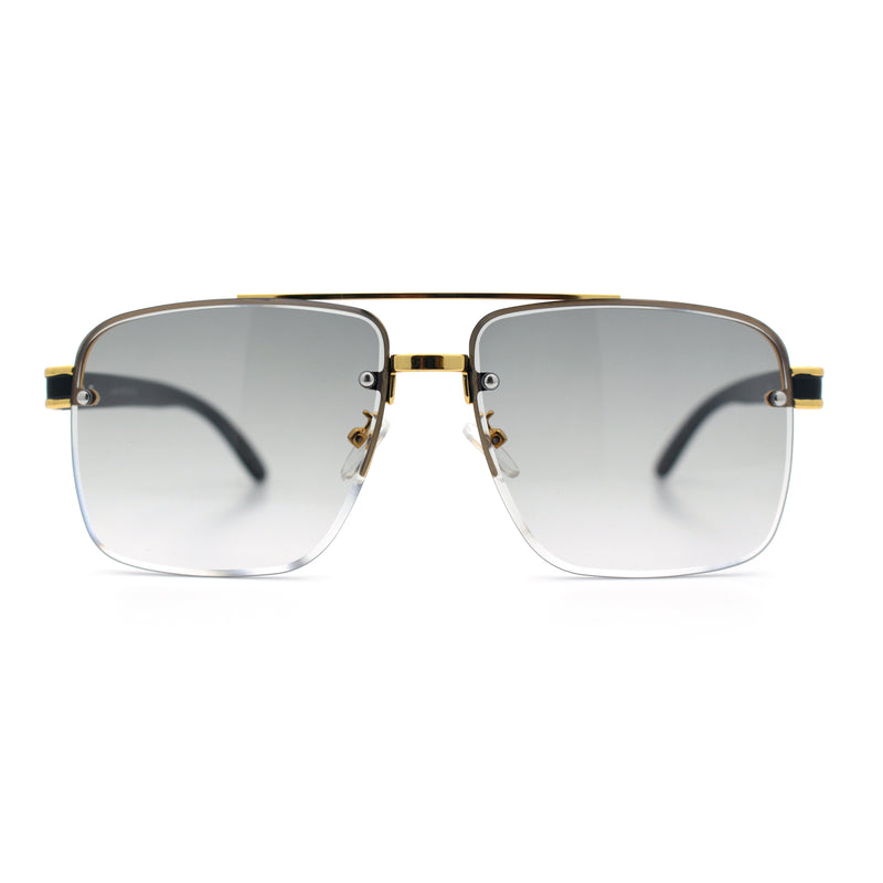 Mens Rectangle Double Bridge Half Rim Wood Grain Arm Mob Sunglasses