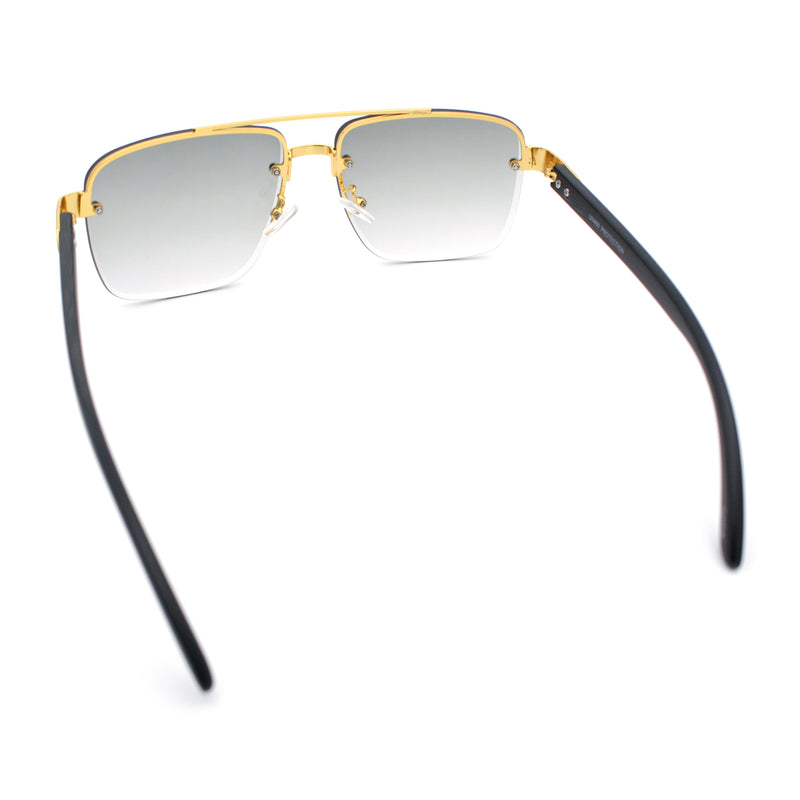 Mens Rectangle Double Bridge Half Rim Wood Grain Arm Mob Sunglasses