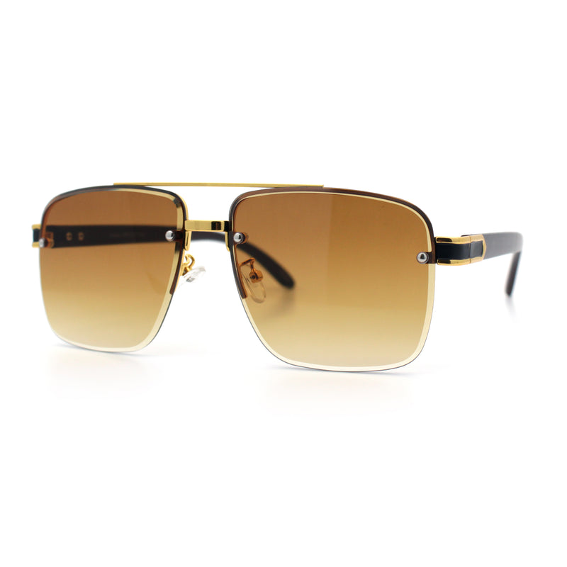 Mens Rectangle Double Bridge Half Rim Wood Grain Arm Mob Sunglasses