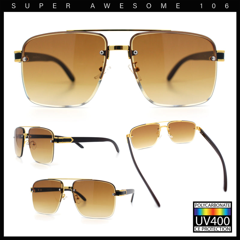 Mens Rectangle Double Bridge Half Rim Wood Grain Arm Mob Sunglasses