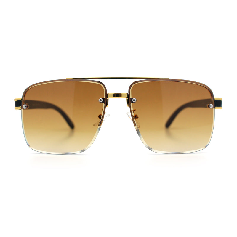 Mens Rectangle Double Bridge Half Rim Wood Grain Arm Mob Sunglasses