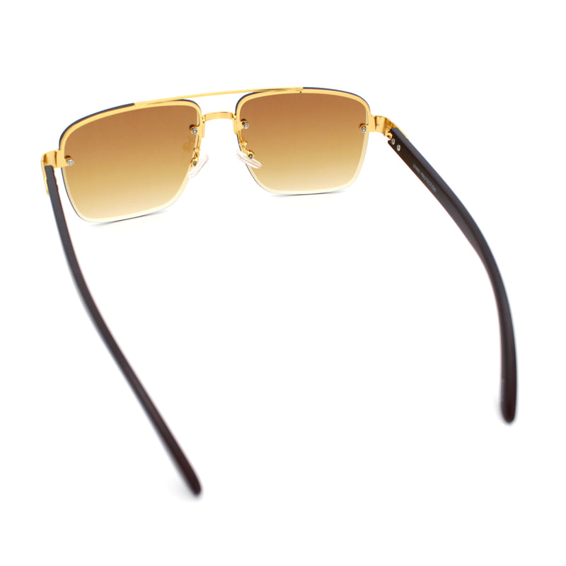 Mens Rectangle Double Bridge Half Rim Wood Grain Arm Mob Sunglasses