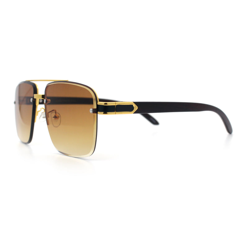 Mens Rectangle Double Bridge Half Rim Wood Grain Arm Mob Sunglasses