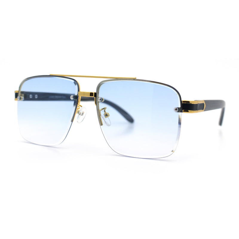 Mens Rectangle Double Bridge Half Rim Wood Grain Arm Mob Sunglasses