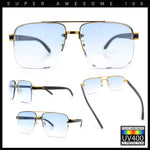 Mens Rectangle Double Bridge Half Rim Wood Grain Arm Mob Sunglasses