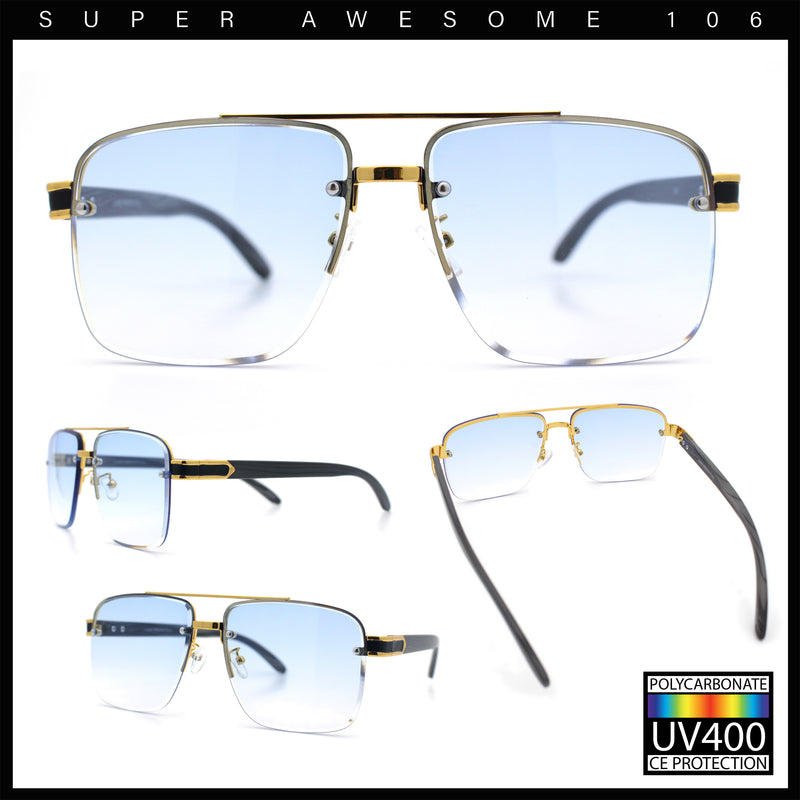 Mens Rectangle Double Bridge Half Rim Wood Grain Arm Mob Sunglasses