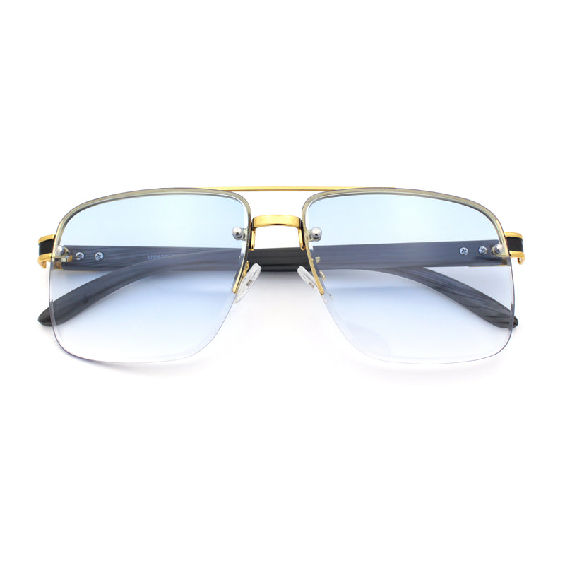Mens Rectangle Double Bridge Half Rim Wood Grain Arm Mob Sunglasses