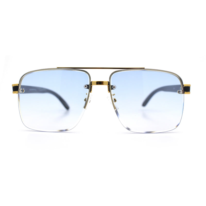Mens Rectangle Double Bridge Half Rim Wood Grain Arm Mob Sunglasses