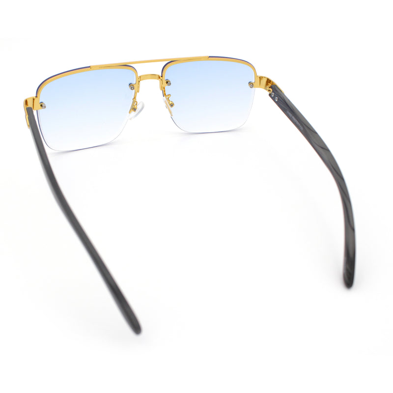 Mens Rectangle Double Bridge Half Rim Wood Grain Arm Mob Sunglasses