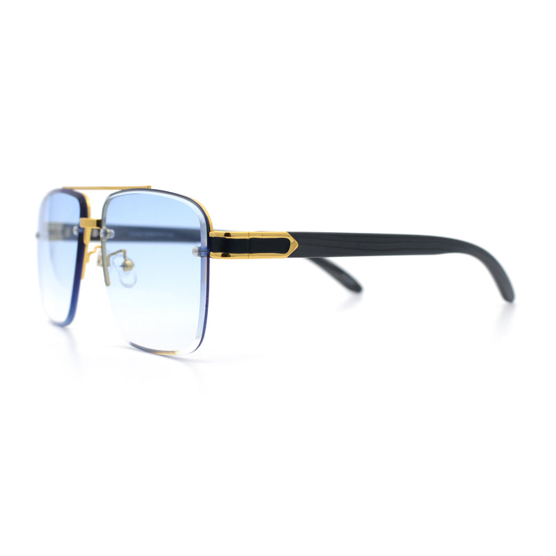 Mens Rectangle Double Bridge Half Rim Wood Grain Arm Mob Sunglasses