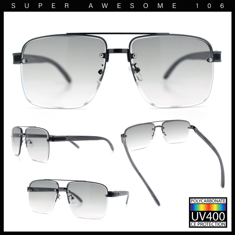Mens Rectangle Double Bridge Half Rim Wood Grain Arm Mob Sunglasses