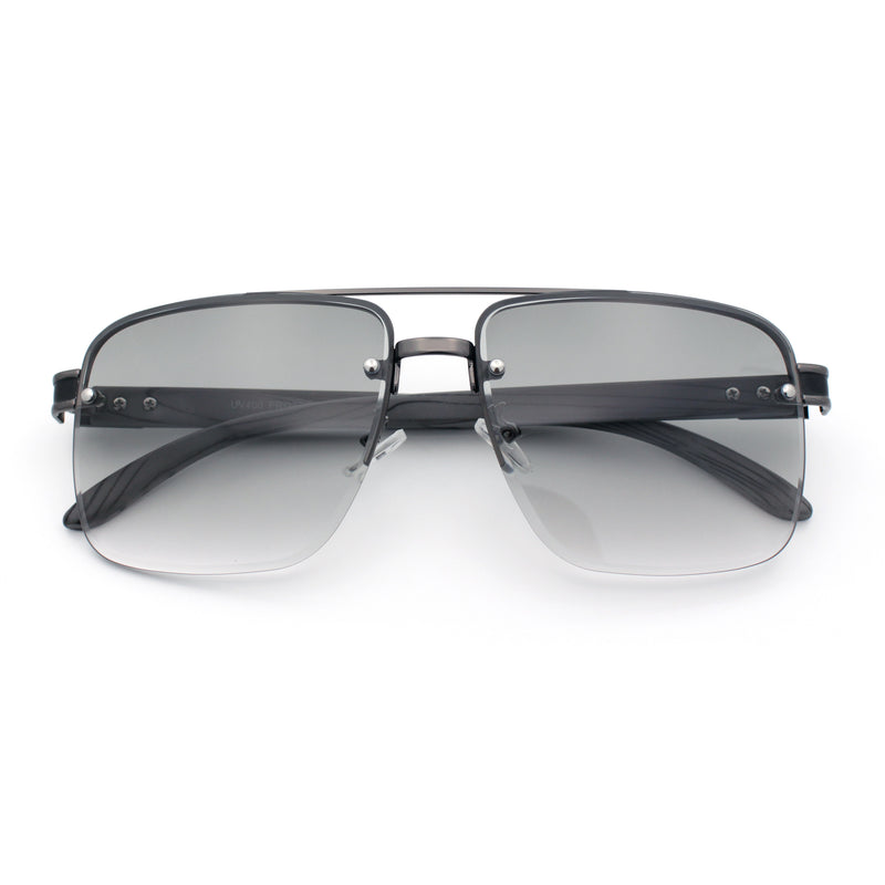 Mens Rectangle Double Bridge Half Rim Wood Grain Arm Mob Sunglasses