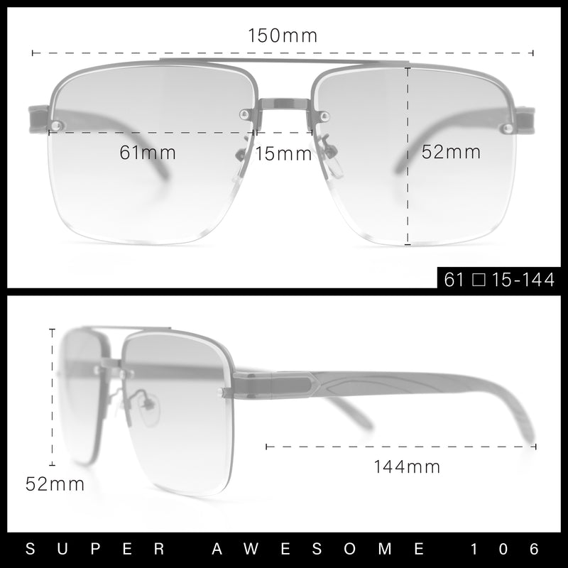 Mens Rectangle Double Bridge Half Rim Wood Grain Arm Mob Sunglasses