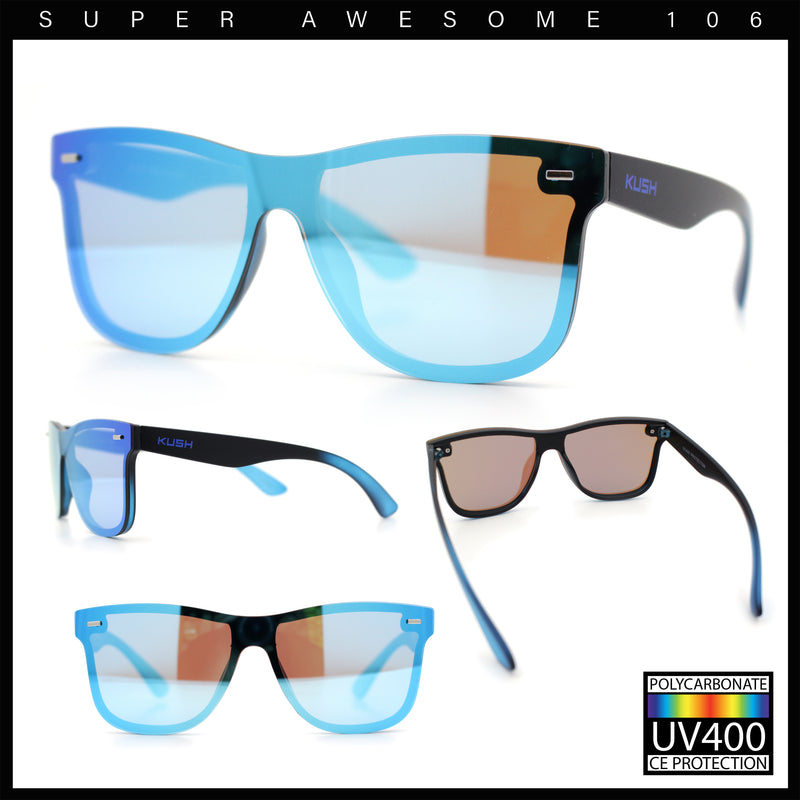 Kush Premium Mens Shield Horn Rim Mirror Lens Sunglasses