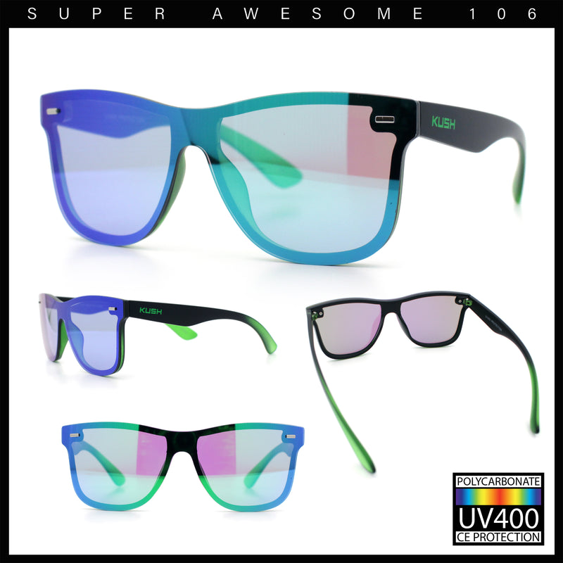 Kush Premium Mens Shield Horn Rim Mirror Lens Sunglasses