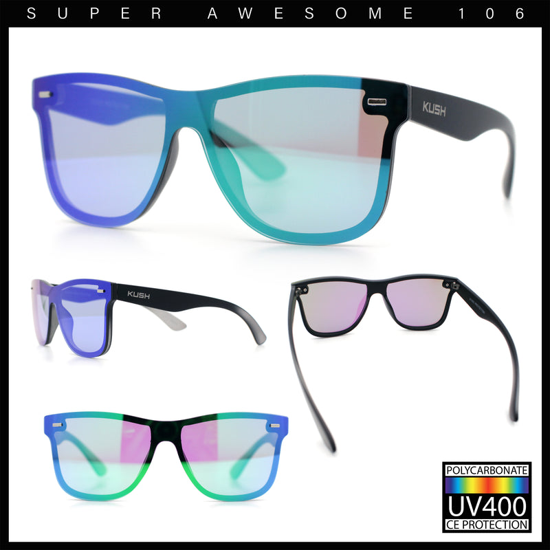 Kush Premium Mens Shield Horn Rim Mirror Lens Sunglasses