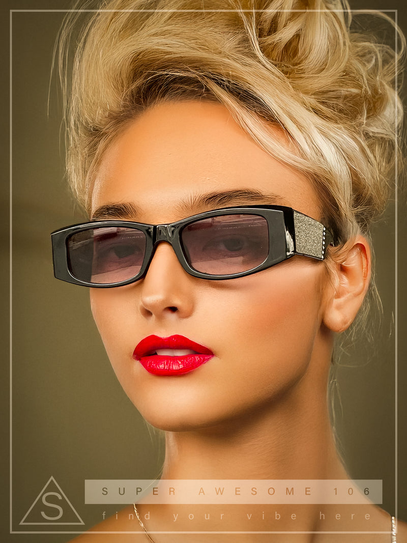 Womens Sparkly Glitter Thick Arm Slim Rectangle Sunglasses