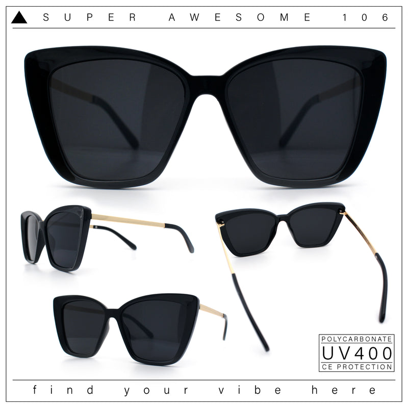 Womens Oversized Cat Eye Chic Metal Arm Plastic Sunglasses