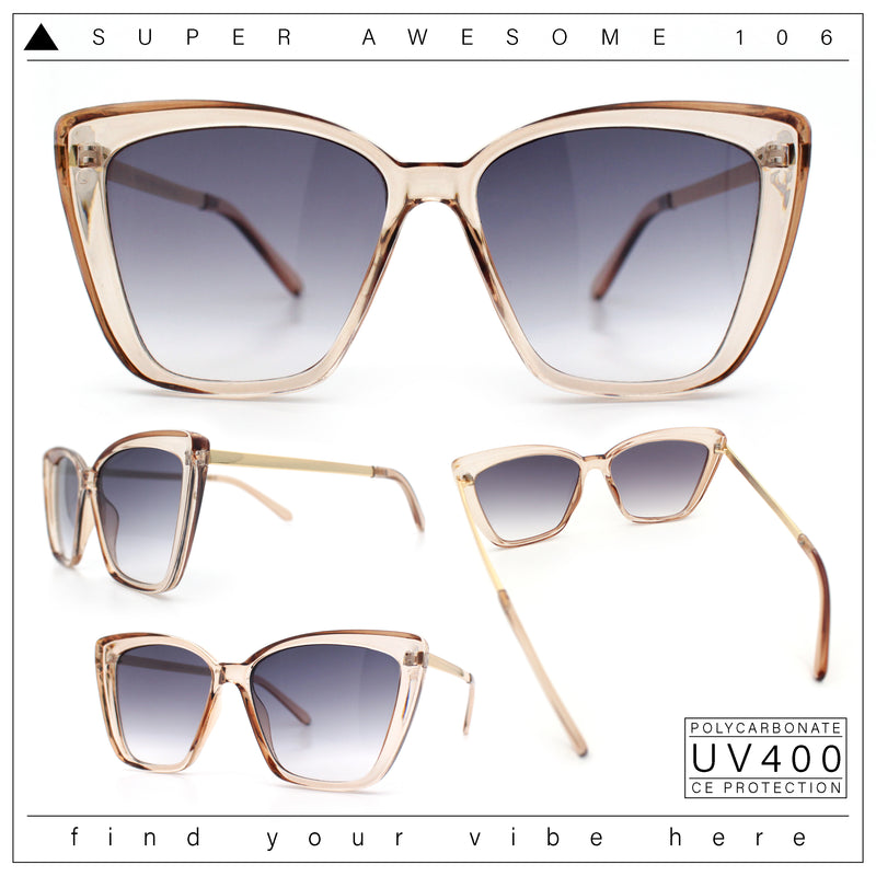Womens Oversized Cat Eye Chic Metal Arm Plastic Sunglasses