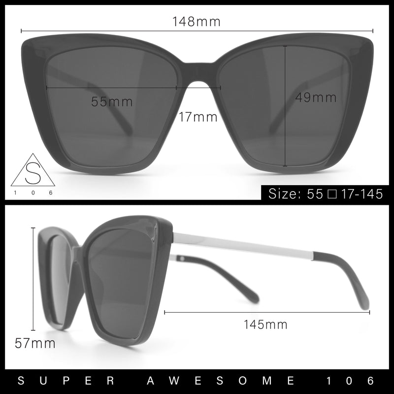 Womens Oversized Cat Eye Chic Metal Arm Plastic Sunglasses