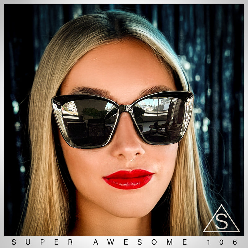 Womens Oversized Cat Eye Chic Metal Arm Plastic Sunglasses