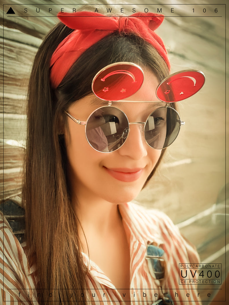 Retro Smiley Face Double Flip Up Round Circle Lens Hippie Sunglasses