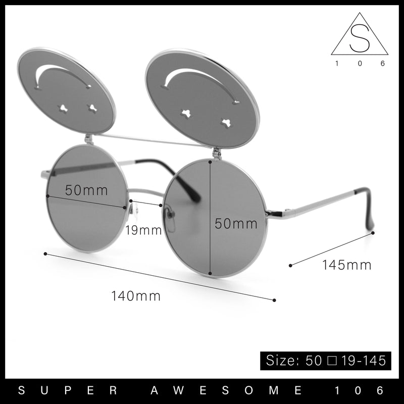 Retro Smiley Face Double Flip Up Round Circle Lens Hippie Sunglasses
