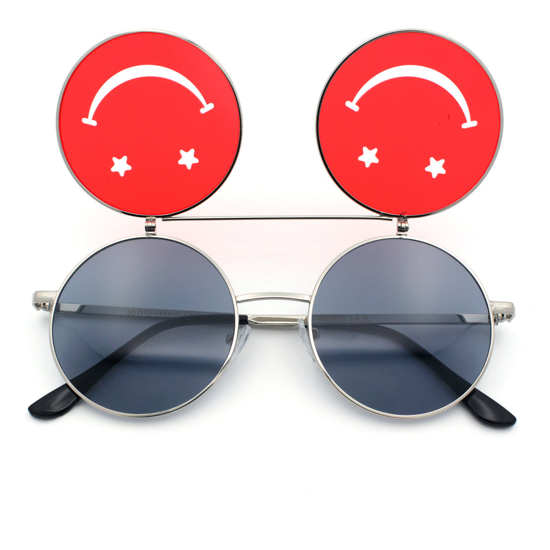 Retro Smiley Face Double Flip Up Round Circle Lens Hippie Sunglasses
