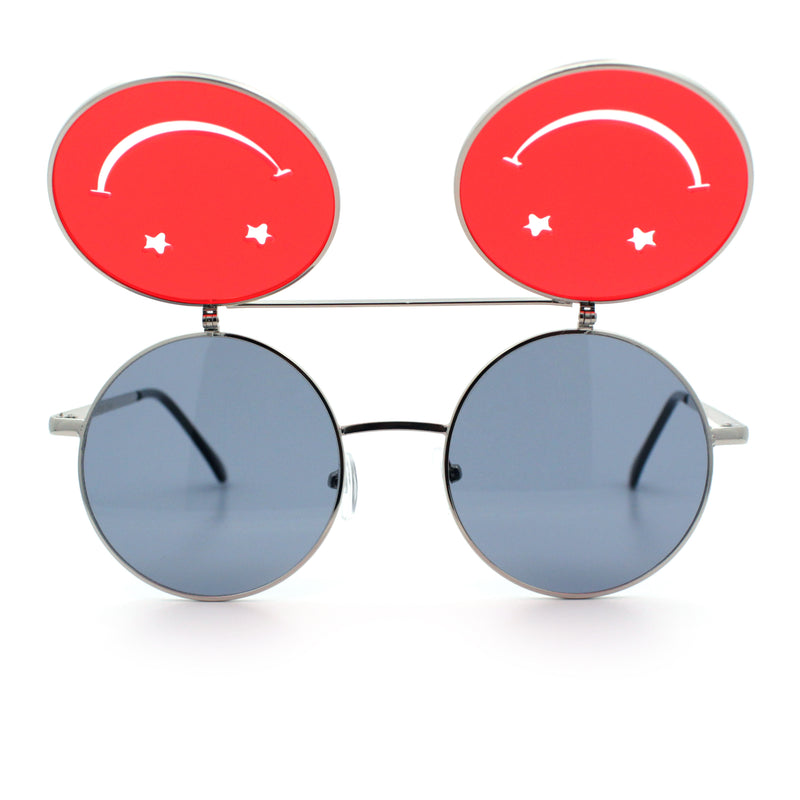 Retro Smiley Face Double Flip Up Round Circle Lens Hippie Sunglasses