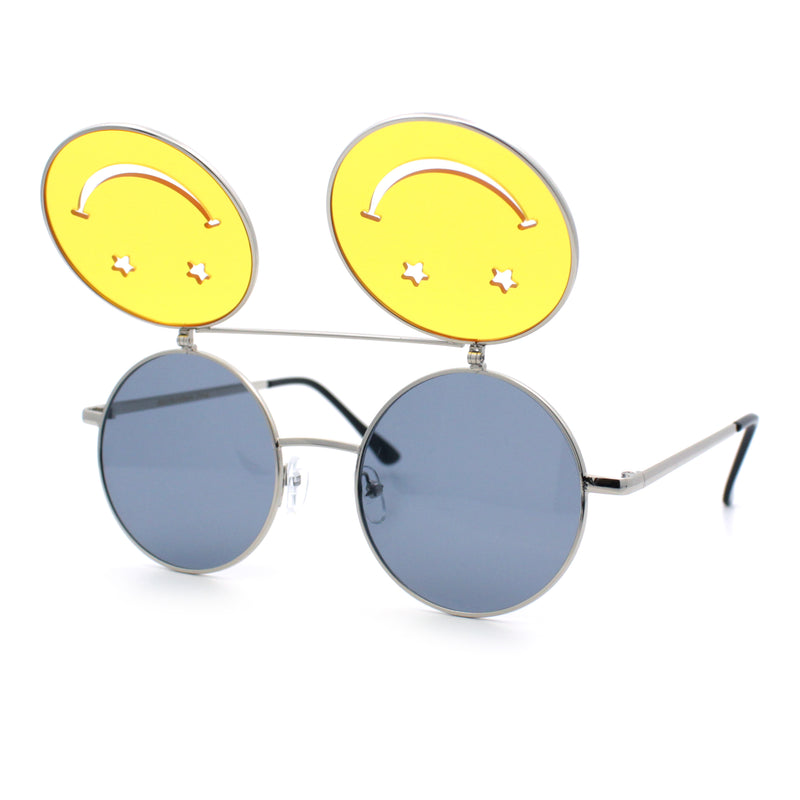 Retro Smiley Face Double Flip Up Round Circle Lens Hippie Sunglasses