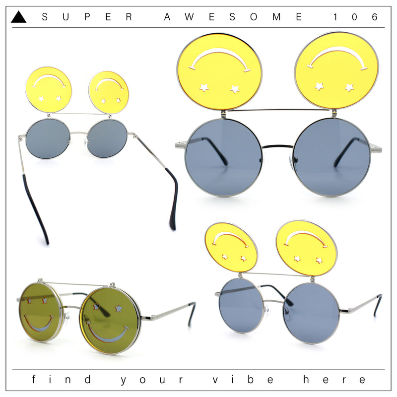 Retro Smiley Face Double Flip Up Round Circle Lens Hippie Sunglasses