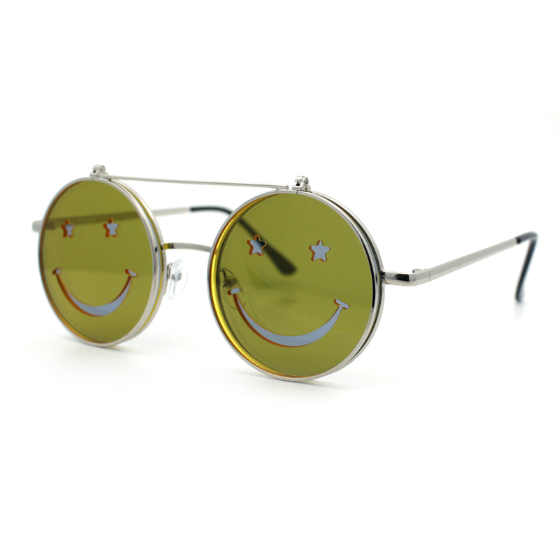 Retro Smiley Face Double Flip Up Round Circle Lens Hippie Sunglasses