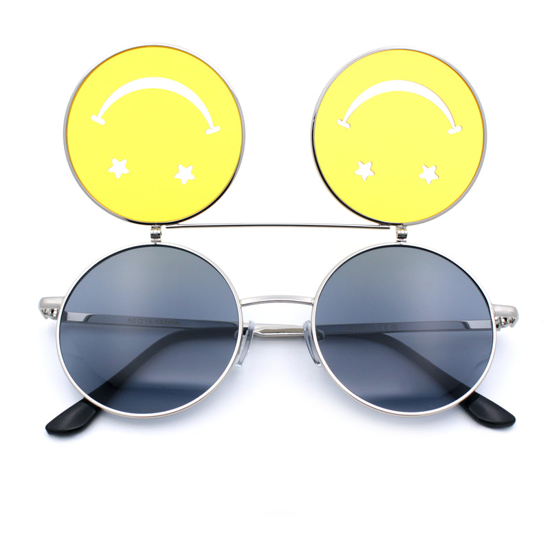 Retro Smiley Face Double Flip Up Round Circle Lens Hippie Sunglasses