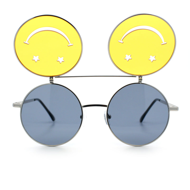 Retro Smiley Face Double Flip Up Round Circle Lens Hippie Sunglasses