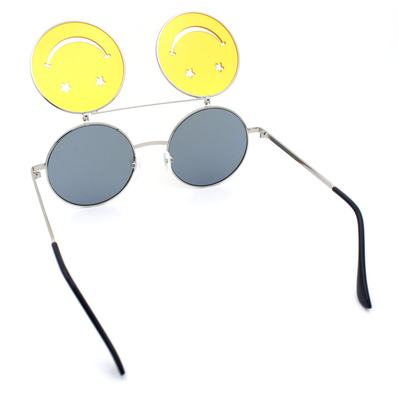 Retro Smiley Face Double Flip Up Round Circle Lens Hippie Sunglasses