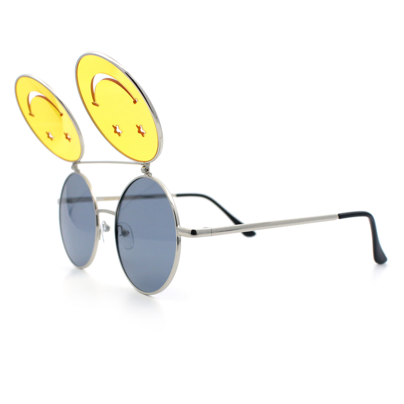 Retro Smiley Face Double Flip Up Round Circle Lens Hippie Sunglasses