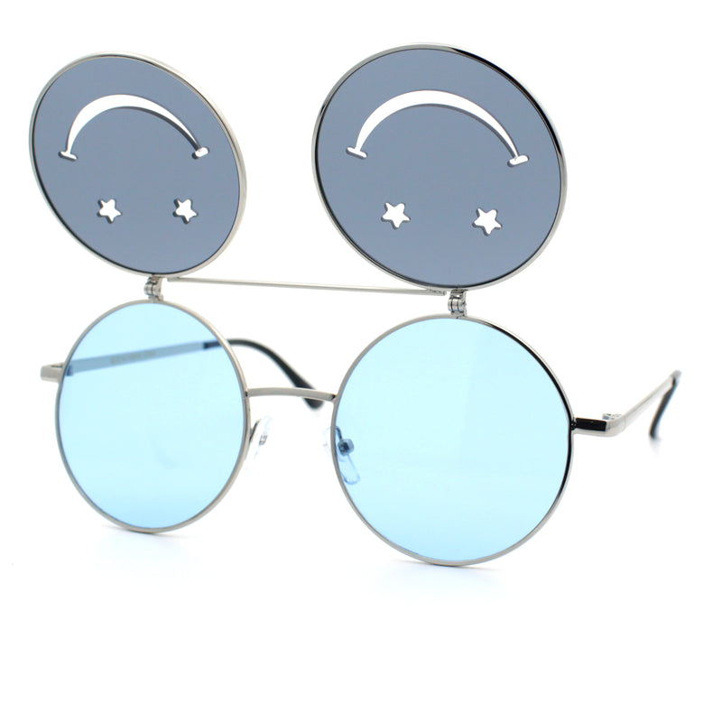Retro Smiley Face Double Flip Up Round Circle Lens Hippie Sunglasses