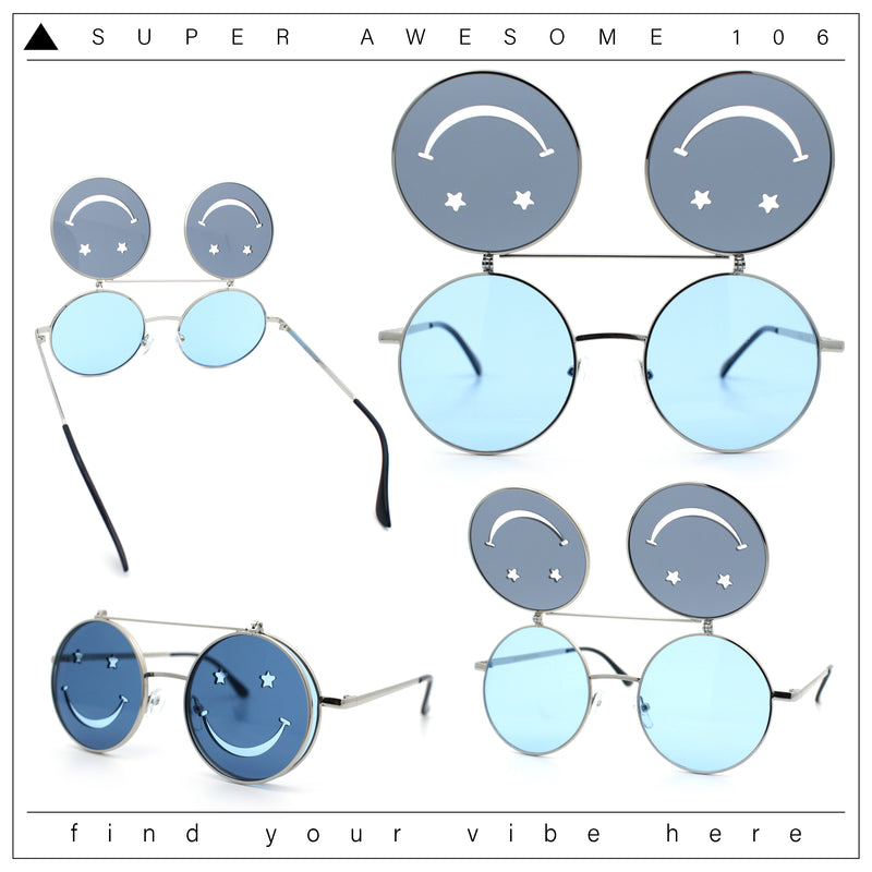 Retro Smiley Face Double Flip Up Round Circle Lens Hippie Sunglasses