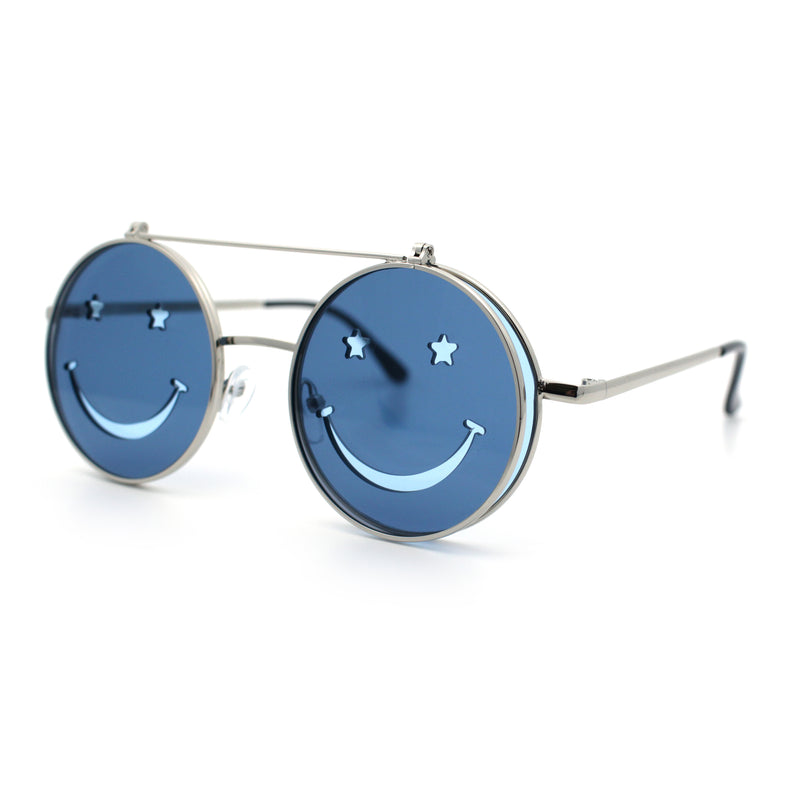 Retro Smiley Face Double Flip Up Round Circle Lens Hippie Sunglasses