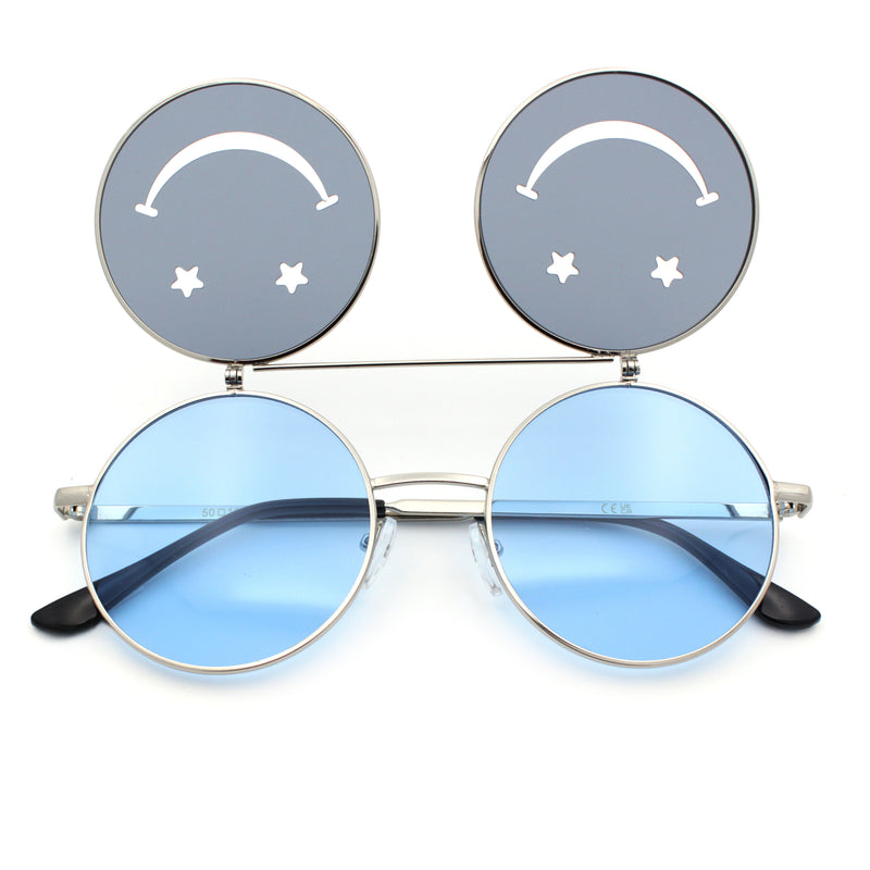 Retro Smiley Face Double Flip Up Round Circle Lens Hippie Sunglasses